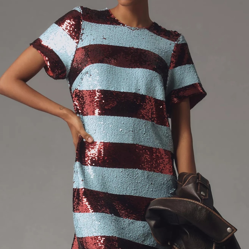 Anthropologie Maeve Short-Sleeve Sequin Striped Mini Dress